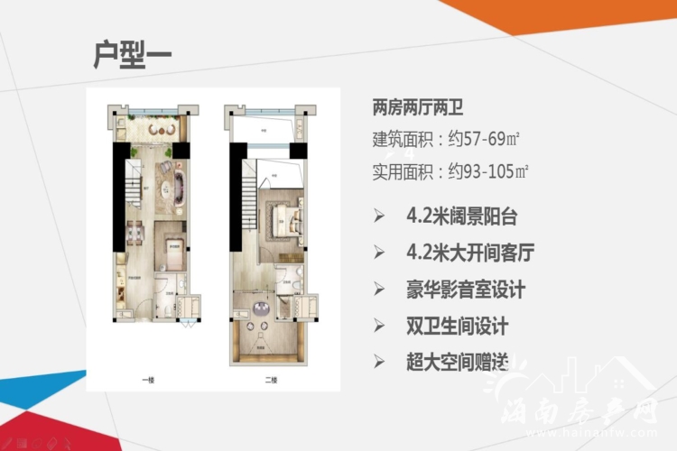 两房两厅两卫 建筑面积：约57-69㎡实用面积：约93-105㎡