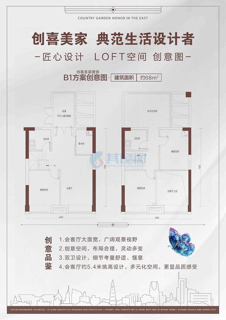 LOFTB1户型-建面约68.00㎡-3房1厅1厨2卫