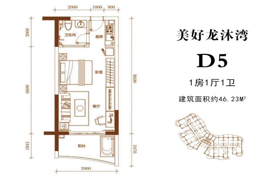 D5户型约46平米（建筑面积）一房一厅